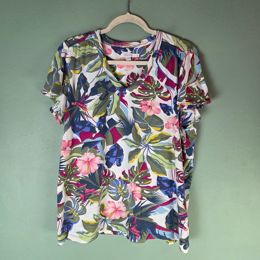 Chicos Shirt Women XL Tropical Floral Palm VNeck Flutter Sleeve Colorful Stretch